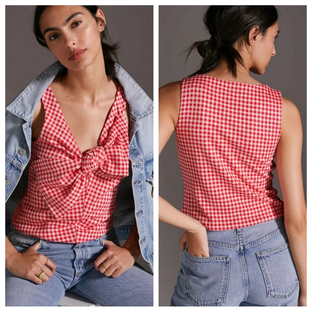 New! Anthropologie Eva Franco Red and White Gingham Bow Top nwt 27020